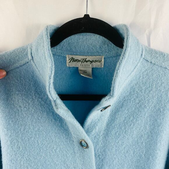 Vintage Norm Thompson Wool Light Baby Blue Cardigan Shacket Medium Preppy Cozy - Picture 5 of 6